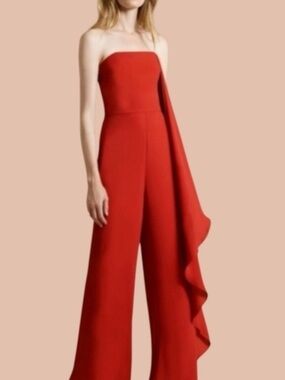 NWT Halston Heritage Strapless Ruffle Wide Leg Jumpsuit Carmine Red 4